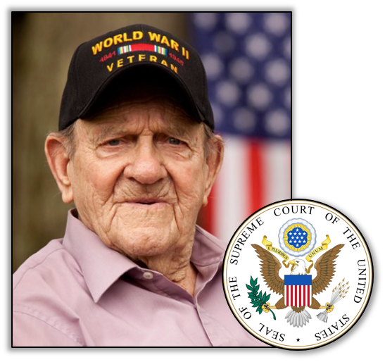 World War 2 veteran looking directly into camera with an American Flag hanging in the background and the U.S. Supreme Court Seal at the bottom